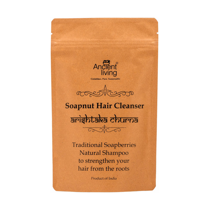 Orange package of Soapnut Hair Cleanser with 'Ancient Living' branding on a white background
