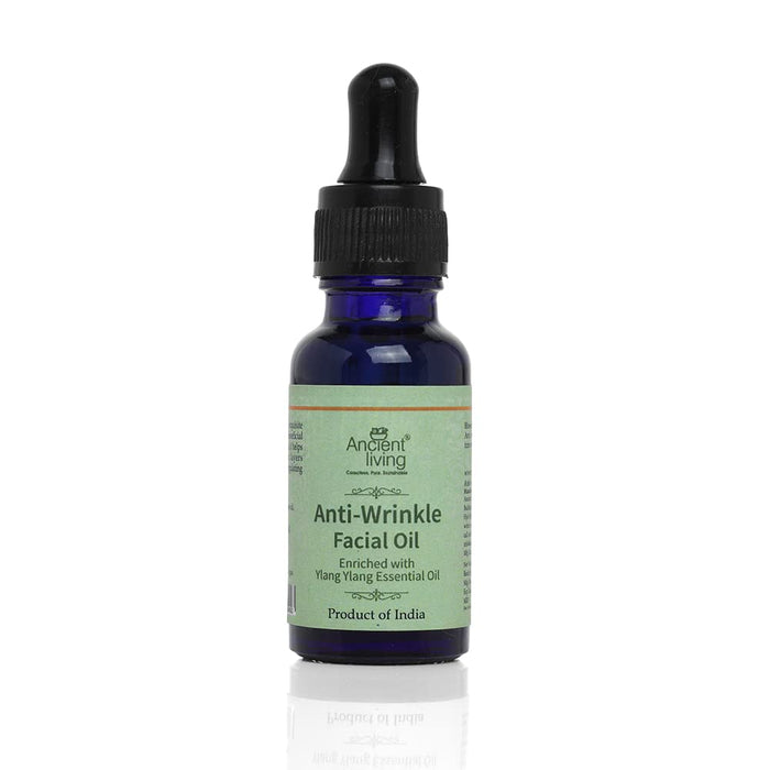 A bottle of Ancient Living Anti wrinkle facial oil with a dropper cap.