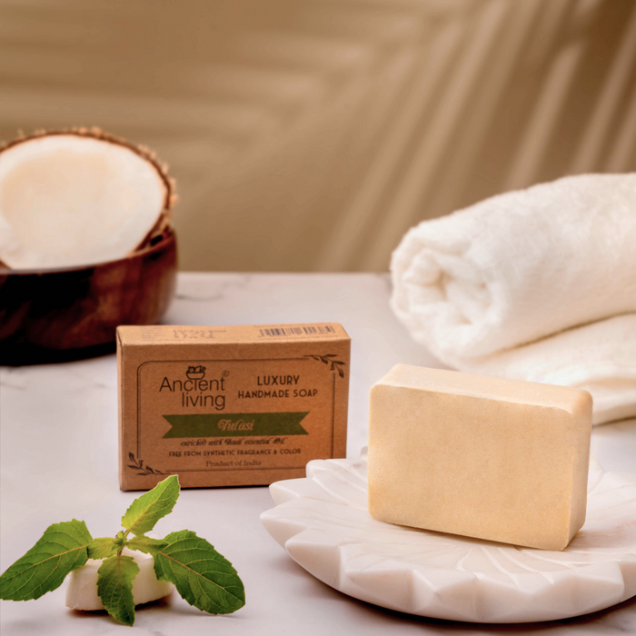 Ancient Living Tulasi Natural Handmade Soap | with Organic Certified Ingredients | Chemical-Free Ayurvedic Soap for Glowing Skin