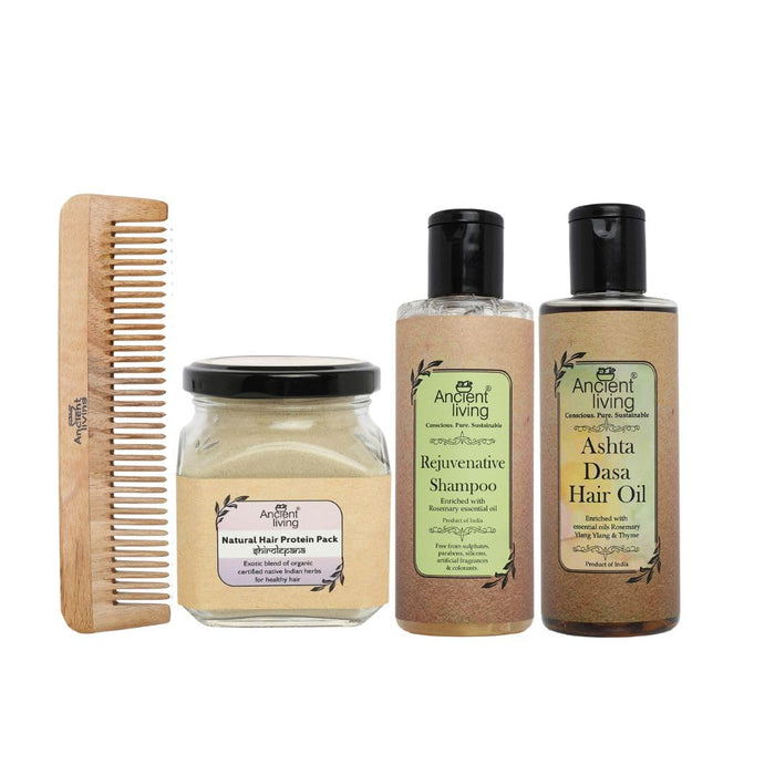 A set of hair care products including a neem wood comb, hair oil in a bottle, hair pack in a jar, and shampoo and conditioner in bottles.