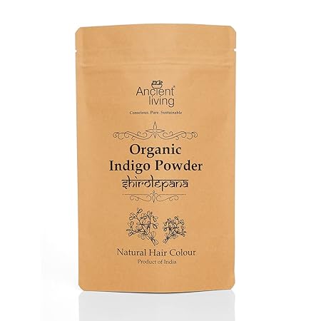 A pouch of Ancient Living Organic Indigo Powder, 40 gm, with branding and product information printed on the packaging.