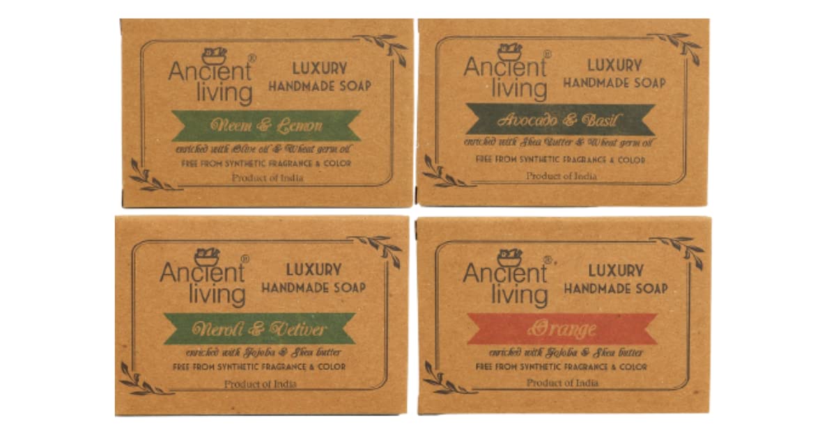 Ancient Living Moisturizing Handmade Soap Combo – Pack of 4 (Neem & Lemon, Orange, Neroli & Vetiver, Avocado & Basil)