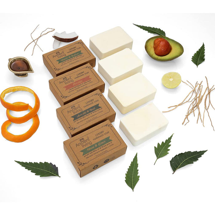 Ancient Living Moisturizing Handmade Soap Combo – Pack of 4 (Neem & Lemon, Orange, Neroli & Vetiver, Avocado & Basil)