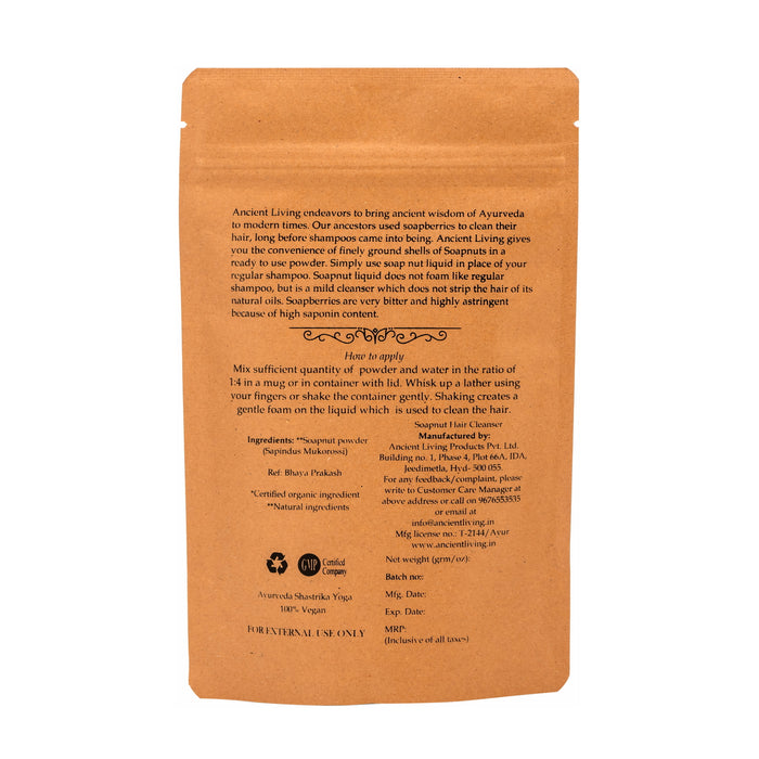Orange package of Soapnut Hair Cleanser with 'Ancient Living' 