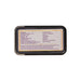 Black tin with label on a white background