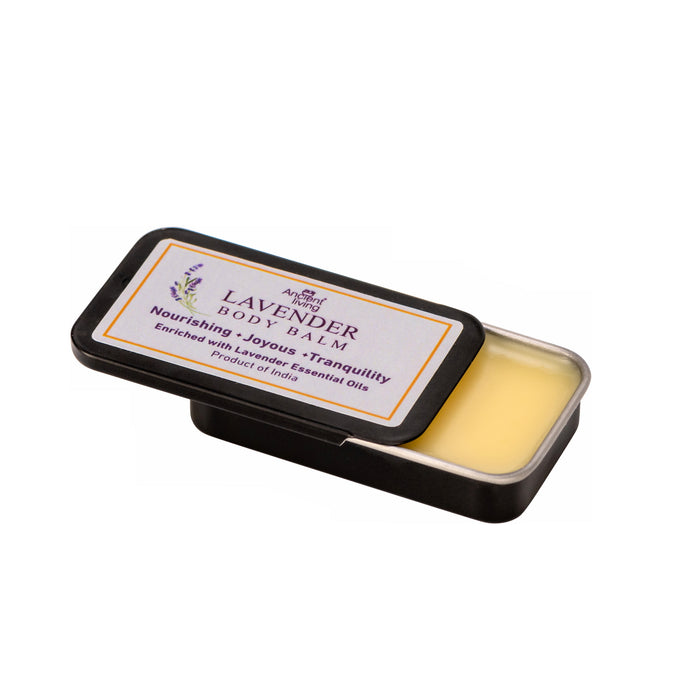 Lavender body balm in a black tin with a white label on a white background