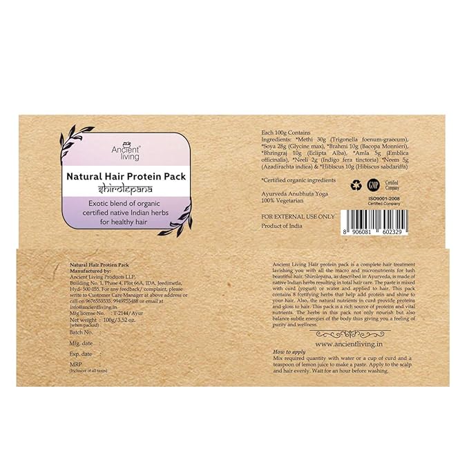 Ancient Living Natural Hair Protein Pack | Organic Certified Ingredients  | Chemical Free Pack for Healthy Hair - 100 gm