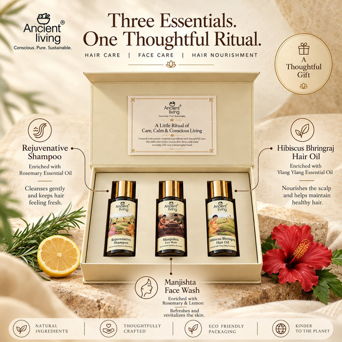 Ancient Living Hair & Skin Care Gift Set | Shampoo, Face Wash & Hair Oil, 3x50ml