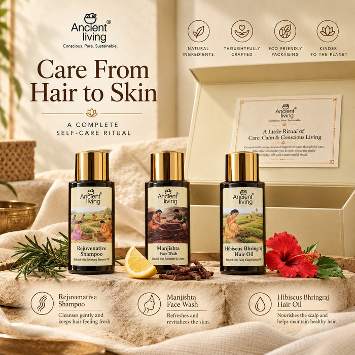 Ancient Living Hair & Skin Care Gift Set | Shampoo, Face Wash & Hair Oil, 3x50ml
