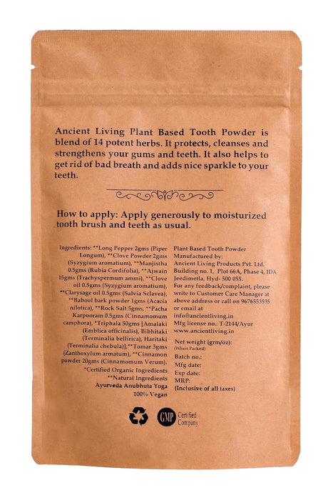 Brown package of Ancient Living Plant Based Tooth Powder with text and branding.