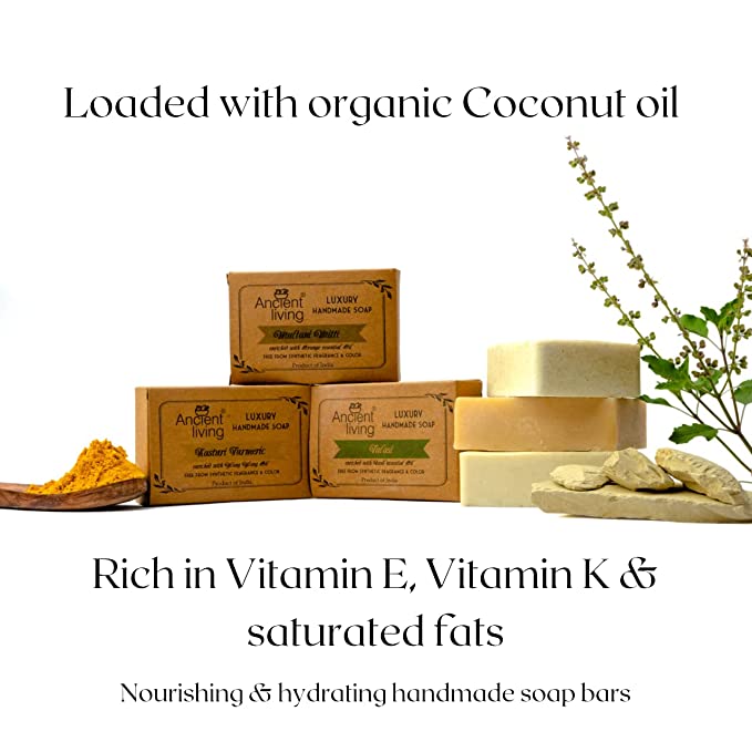 Ancient Living Daily Bath needs (Handmade soaps) - 100 gm each Kasturi Turmeric Soap for Radiance Multani Mitti Soap for Anti Aging Tulasi Soap for Cleansing