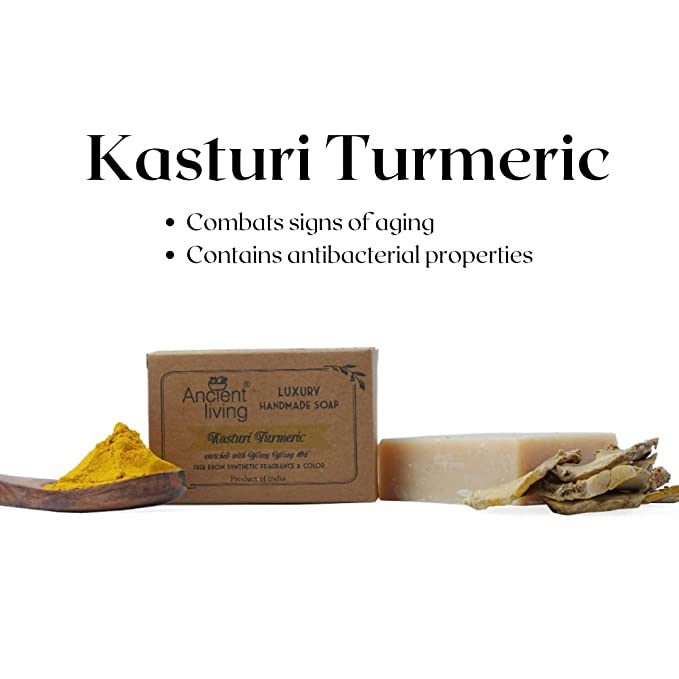 Ancient Living Daily Bath needs (Handmade soaps) - 100 gm each Kasturi Turmeric Soap for Radiance Multani Mitti Soap for Anti Aging Tulasi Soap for Cleansing