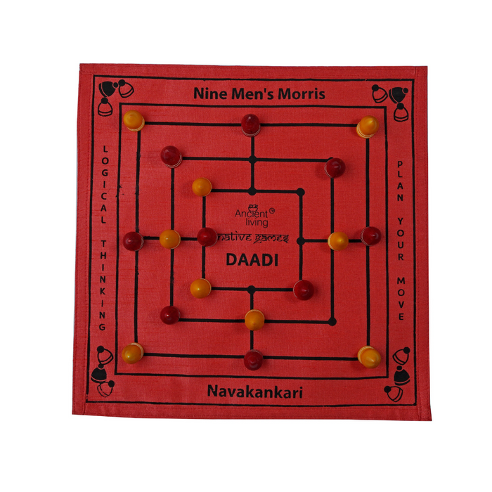 Ancient Living Raw Silk-DAADI in 500 Year Old Cheryl Hand Painted Box | Navakankari | Nine Men's Morris Board Game | Muhle and Daadi | Strategic | Mind Game | Traditional Indian Board Game