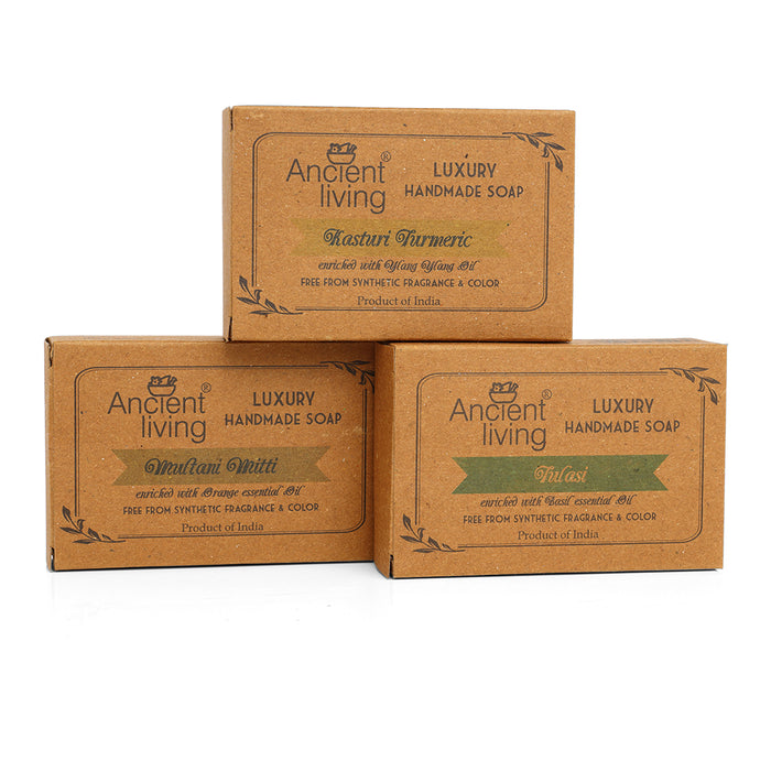 Ancient Living Daily Bath needs (Handmade soaps) - 100 gm each Kasturi Turmeric Soap for Radiance| Multani Mitti Soap for Anti Aging | Tulasi Soap for Cleansing