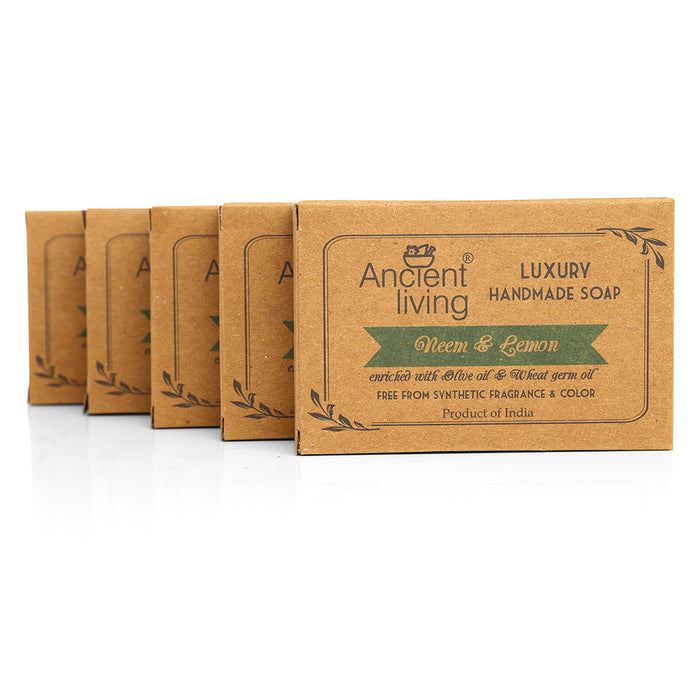 Ancient Living Neem & Lemon Luxury Handmade Soap - (Set of 5) - 100 gm Each Refreshing Moisturizing Bath bar for Acne and Blemishes Ideal For All Skin Types